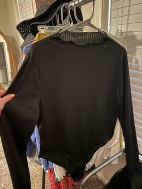 Black Long-Sleeve Bodysuit with Bell Sleeves and Scalloped Neckline NWOT